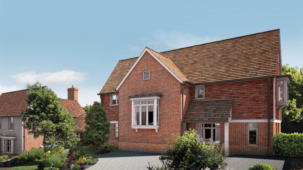 A CGI render of plot 7 of our Apple Tree Gardens development. An orange brick house with white windows and a grey block driveway. Trees and plants line the driveway