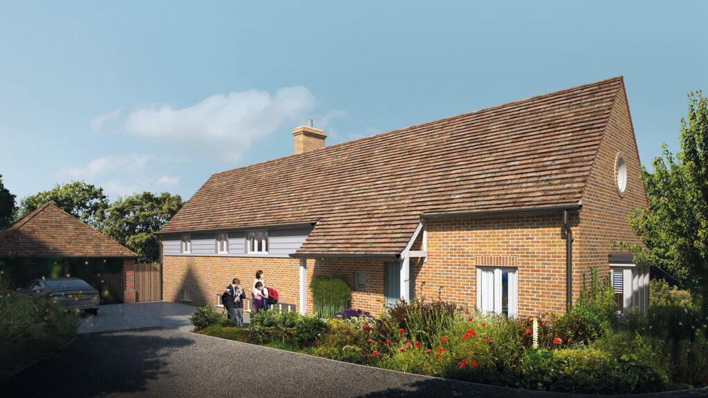 Plot 3 Apple Tree Gardens CGI render. This home has a grey block driveway on the left in front of a double garage. The front of the house is orange brick with minimal grey cladding.